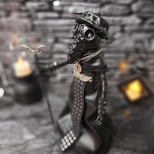 Handmade gothic plague doctor art doll viewed from upper left wide angle, showcasing dark collectible design and detailed handcrafted gothic features for home display.