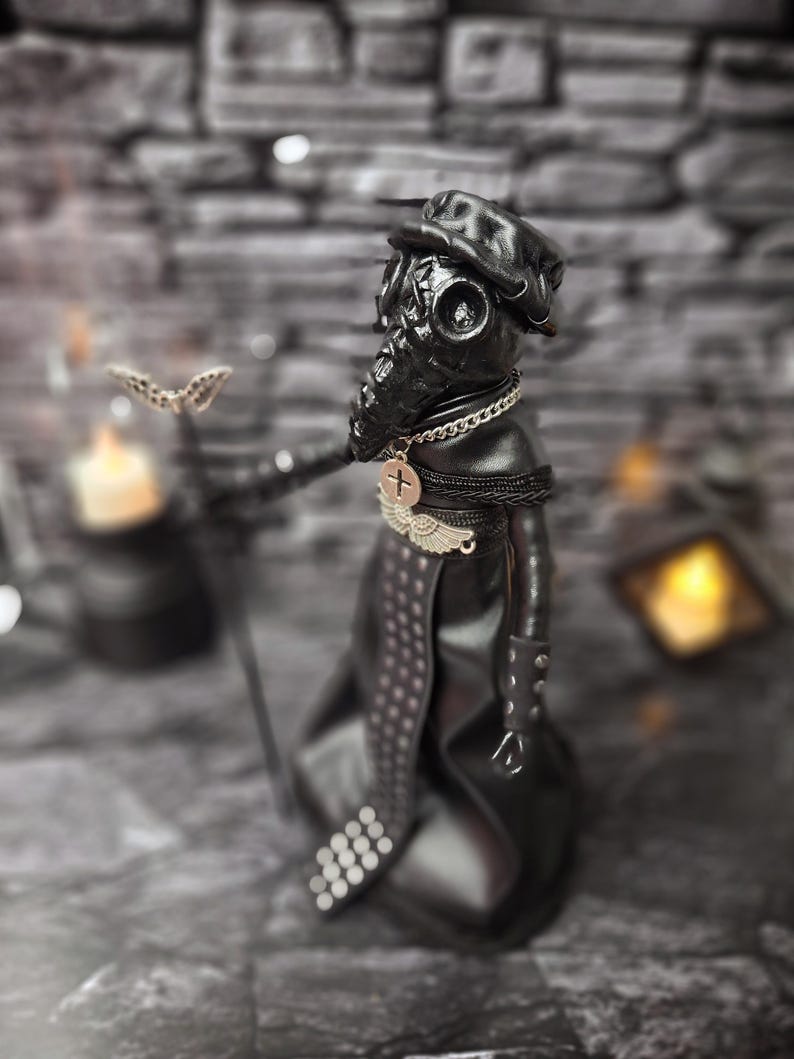 Handmade gothic plague doctor art doll viewed from upper left wide angle, showcasing dark collectible design and detailed handcrafted gothic features for home display.