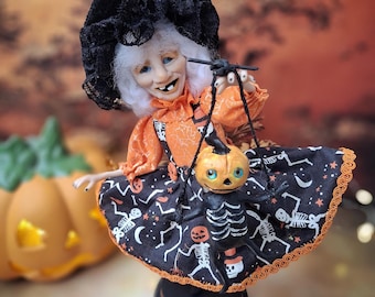 手作りの邪悪な魔女のアートドール：OOAKハロウィン壁飾り