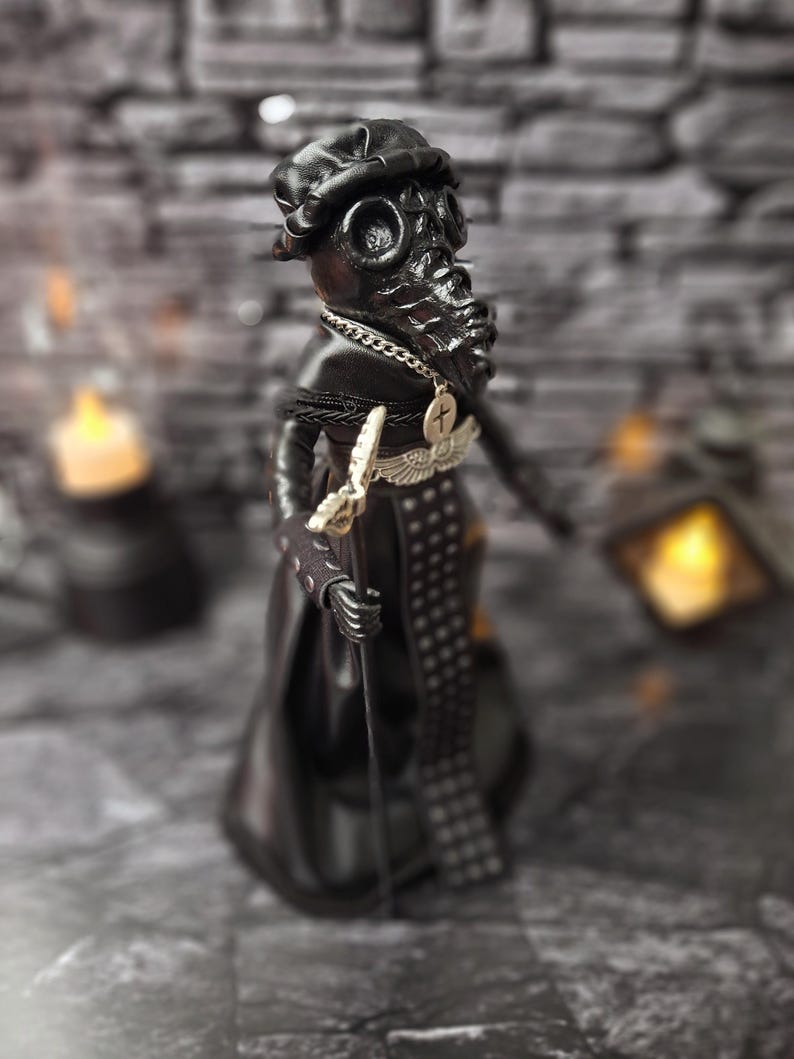 Handmade gothic plague doctor art doll viewed from upper right angle, detailed dark collectible with handcrafted textures and vintage gothic style for home display.
