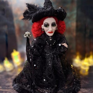 Front wide-angle view of the handmade fancy witch art doll, showing her full whimsical witch outfit, hand-painted face, and enchanting accessories.