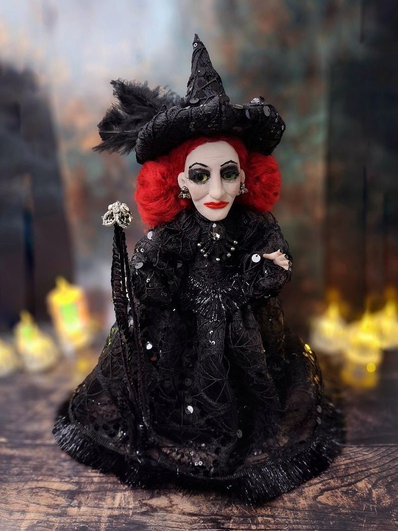 Front wide-angle view of the handmade fancy witch art doll, showing her full whimsical witch outfit, hand-painted face, and enchanting accessories.