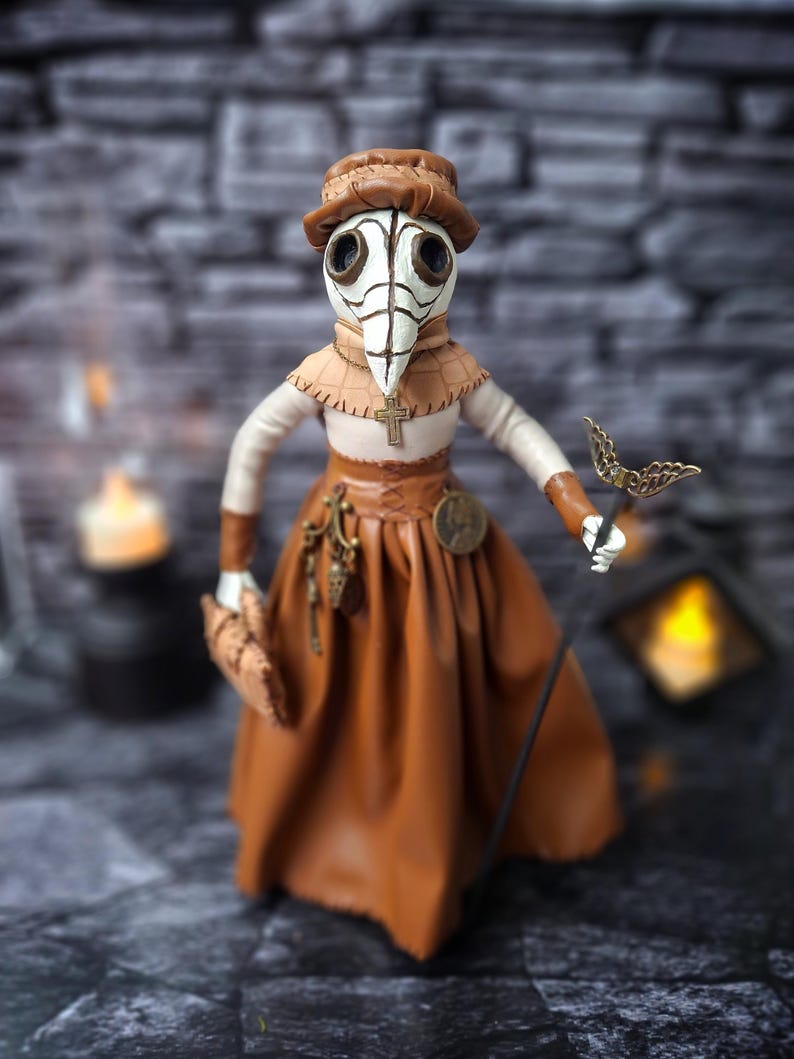Handmade gothic plague doctor art doll shown from straight front wide view, displaying full figure with handcrafted details and dark vintage gothic design.