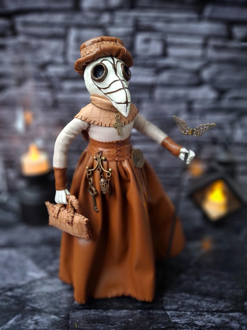 Handmade gothic plague doctor art doll shown from right side profile, highlighting handcrafted details and dark vintage gothic design.