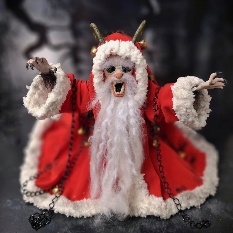 Handmade Krampus art doll standing straight – spooky gothic Christmas collectible showing detailed sculpting, textures, and dark holiday decor.