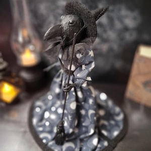 Gothic Raven Witch Sculpture: Dark Fantasy Steampunk Crow Art Doll