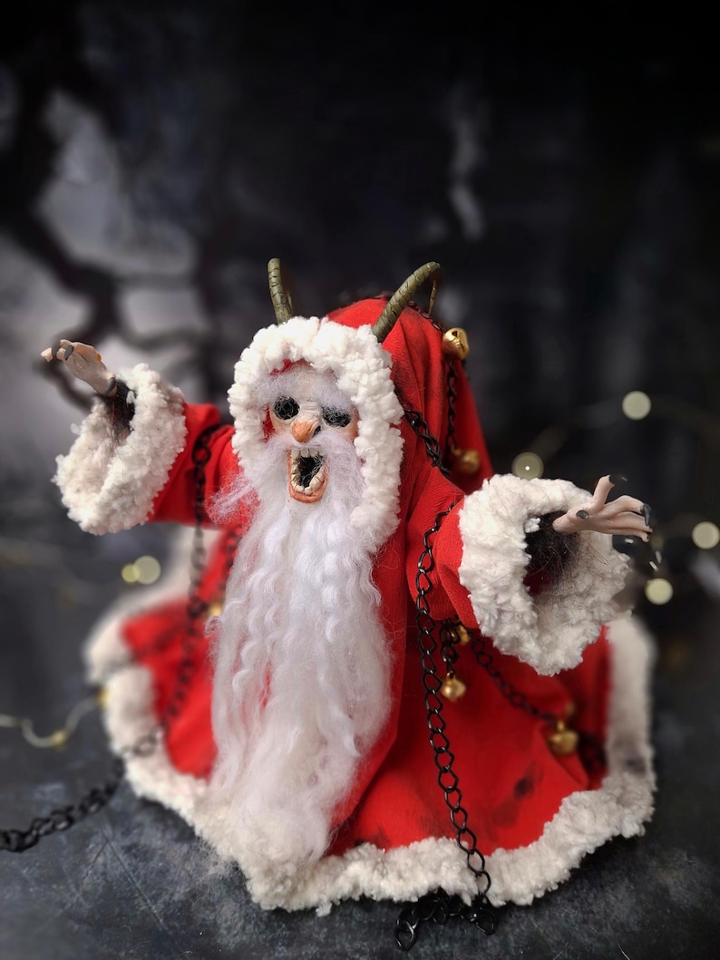 Close-up of handmade Krampus art doll tilted slightly to the left – spooky gothic Christmas collectible showing detailed sculpting, textures, and dark holiday decor.