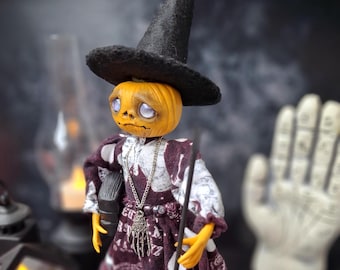Gothic Witch Pumpkin Art Doll - Poseable Handmade Decor