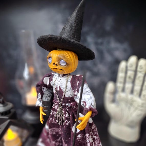 Gothic Witch Pumpkin Art Doll - Poseable Handmade Decor