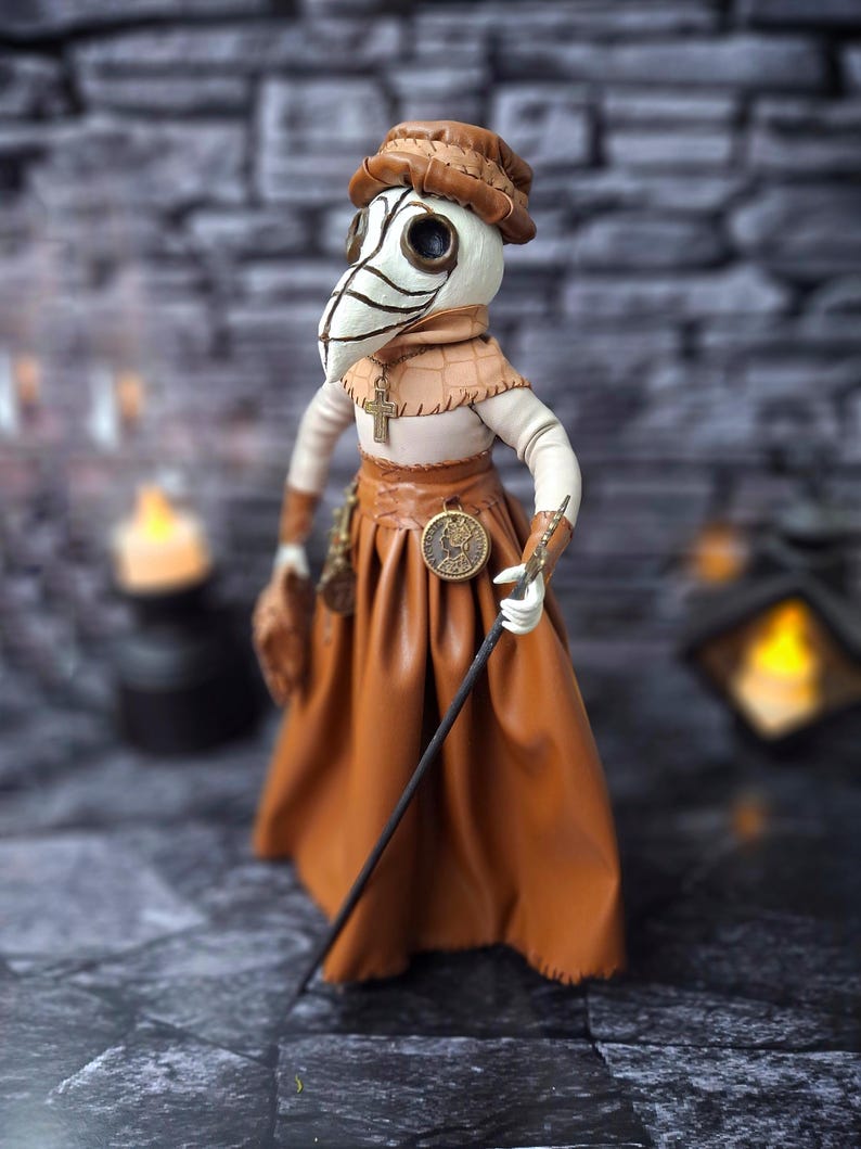Handmade gothic plague doctor art doll shown from full left wide view, displaying detailed handcrafted features and dark vintage gothic design.