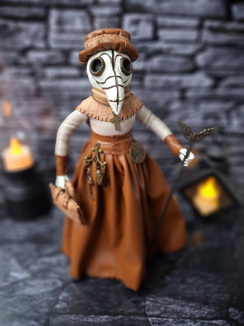 Handmade gothic plague doctor art doll viewed from right diagonal angle, highlighting handcrafted details and dark vintage gothic design.