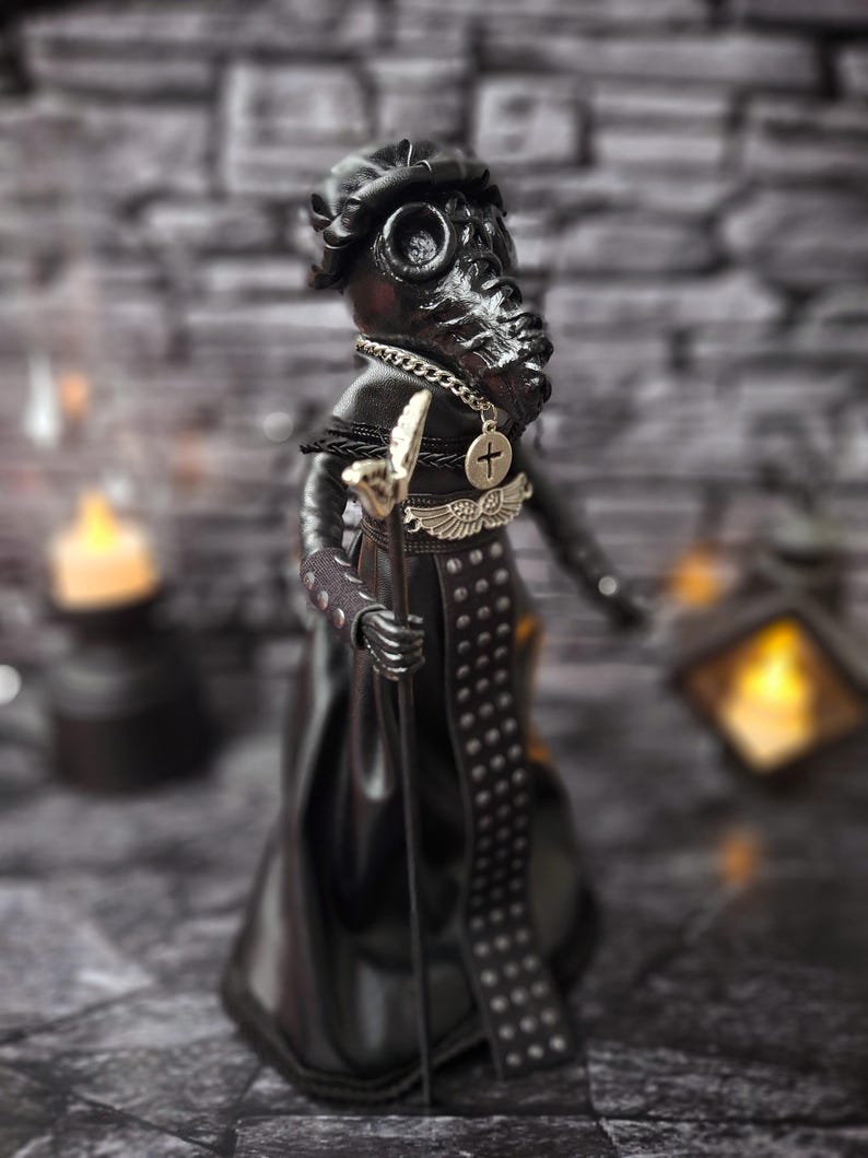 Handmade gothic plague doctor art doll in close-up right view, showing detailed handcrafted features and vintage gothic design for collectible display.