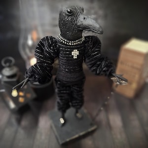 Handcrafted Gothic Raven Art Doll: Dark Academia Home Decor