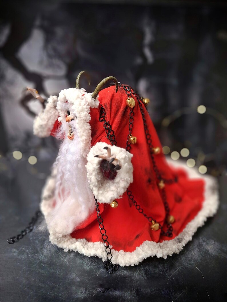 Handmade Krampus art doll from full left side angle – spooky gothic Christmas collectible showing detailed sculpting, textures, and dark holiday decor.