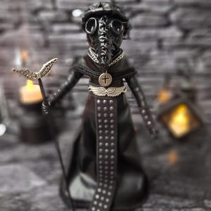 Handmade gothic plague doctor art doll standing upright, showing detailed handcrafted features and dark vintage design for gothic collectible.