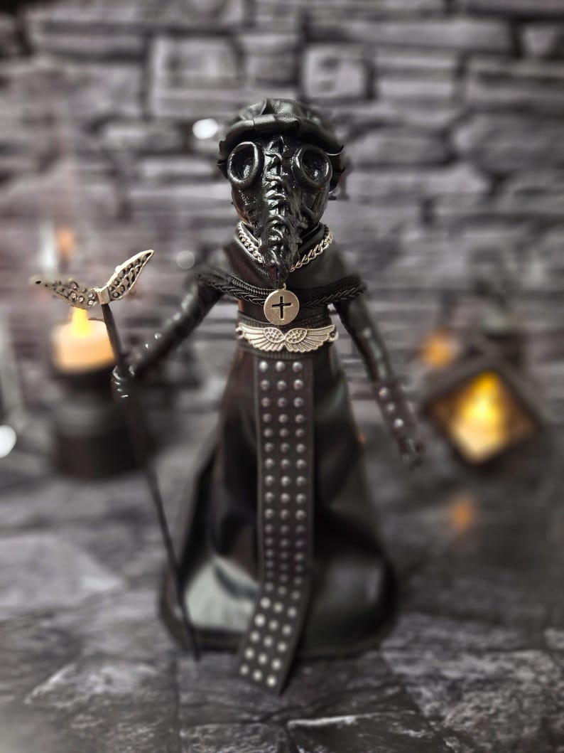 Handmade gothic plague doctor art doll standing upright, showing detailed handcrafted features and dark vintage design for gothic collectible.