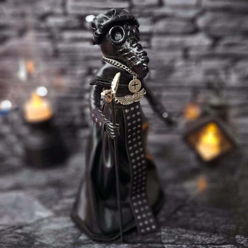 Handmade gothic plague doctor art doll displayed at a right angle view, dark collectible figure with vintage details, handcrafted for gothic home decor display.