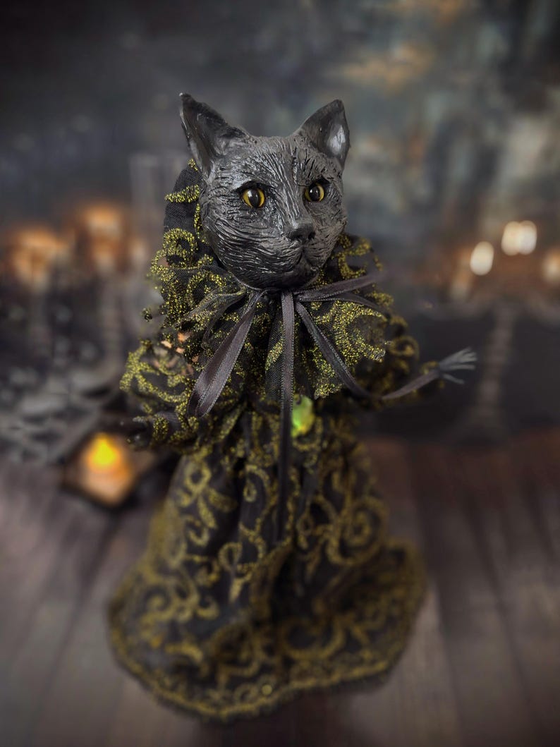 Front-right diagonal view of a handmade black cat doll standing, showing detailed sculpting, hand-painted features, and whimsical gothic design, a unique collectible perfect for black cat lovers, spooky home décor, Halloween displays, and gothic cat art collections.