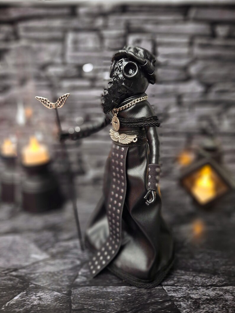 Handmade gothic plague doctor art doll viewed from lower right angle, highlighting detailed handcrafted features and dark vintage design for gothic collectible display.
