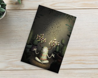Cactus garden surreal mini art print cute forest spirit original fairy illustration cottagecore postcard