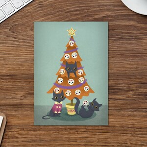 Chat de Noël gothique Carte de vœux Halloween Cartes pliées cadeau de fan d’horreur mignon crâne de sucre