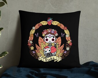 Cute Frida sugar skull Pillow kawaii Halloween decor day of the dead gothic cat pastel goth art dark cottagecore