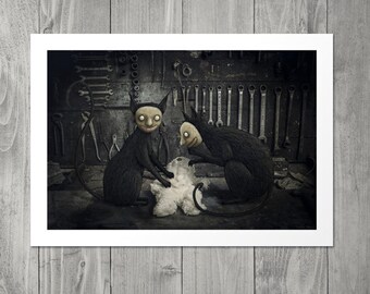 May include: Two black, anthropomorphic rats with human-like faces are standing in a workshop setting. They are holding a white, furry object between them. The workshop walls are lined with tools, including wrenches and pliers.