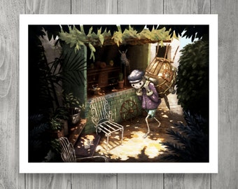 May include: A small, cartoon-like figure with a large, round backpack walks away from a small, green building. The figure is wearing a purple jacket and a blue hat. The building has a wooden door and a window with a white frame. The scene is set in a garden with green plants and a white chair.