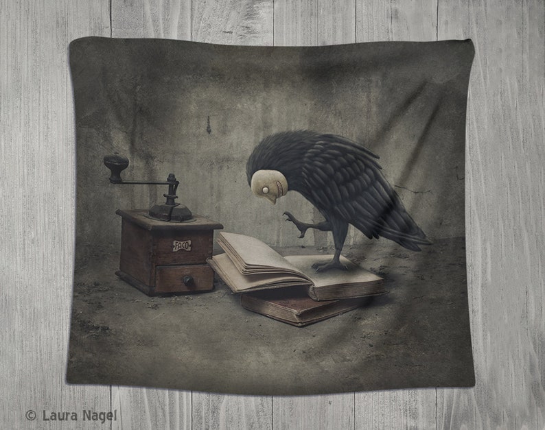 The raven gothic Tapestry goth home decor dark surreal wall hanging horror tapestries original crow illustration image 1