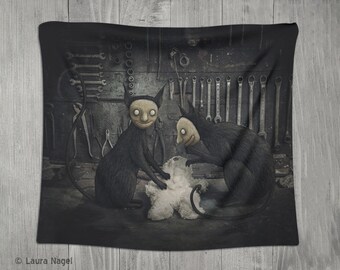 Gothic cat tapestry goth home decor dark surreal wall hanging horror tapestries original dark kitty illustration