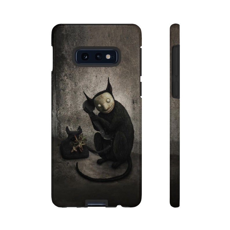 May include: A black and white illustration of a creature with a human-like face and a phone receiver in its hand. The creature is sitting on a textured surface with a vintage phone beside it.