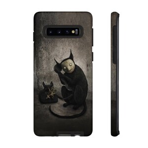 May include: A black phone with a black creature with a white face and horns holding the receiver to its ear. The creature is sitting on a gray background.