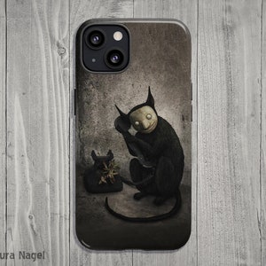 May include: A black phone with a black cat with a creepy smile on its face. The cat is holding the phone to its ear. The background is a dark gray wall.