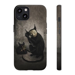 May include: A black and white illustration of a creature with a mask on, holding a vintage rotary phone. The creature is sitting on a concrete surface with a dark background.