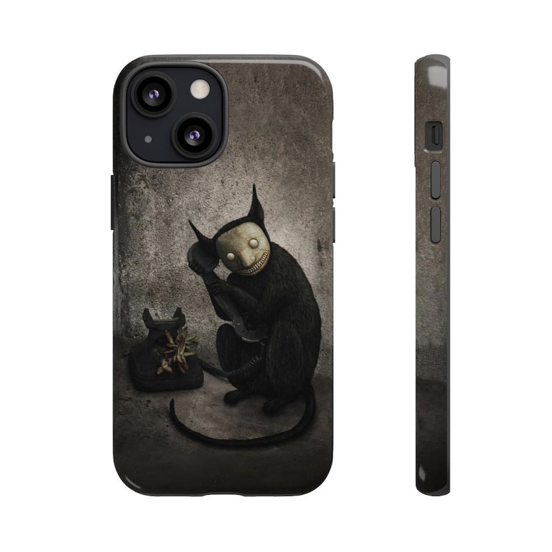 May include: A black and white illustration of a creature with a human-like face on a phone. The creature is sitting on a vintage-style phone with a green plant on top. The background is a dark gray textured wall.