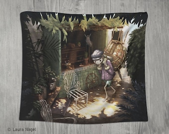 Wandering skeleton dark cottagecore tapestry pop surreal art gothic wall hanging cute skull tapestries fairytale decor