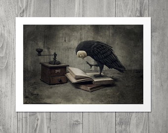 Raven Reading Art Print | Dark Gothic Surreal Illustration, Halloween decor