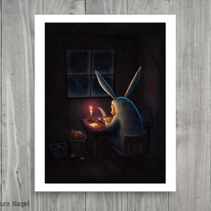 A carta coelho de inverno arte impressa ilustração fofa cottagecore decoração cartão de natal coelho de neve escritor presente