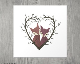 Cute fox love art print nursery decor valentines day gift cottagecore illustration