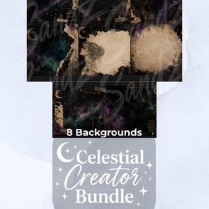May include: A collection of eight digital backgrounds featuring celestial themes with dark nebula clouds, golden stars, crescent moons, and vintage paper textures. Some panels include line art illustrations of faces and decorative script text.