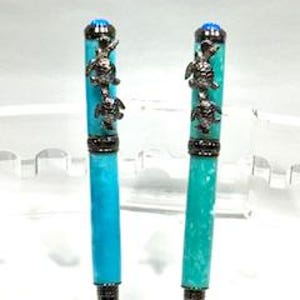 Sea Turtle Deluxe Rollerball Pen, synthetic fire blue opal top, beautiful quartz like acrylic, stunning hardware designs of sea turtles