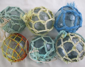 Six Authentic Different Sized Netted or Enclosed Japanese Glass Floats Alaska Beachcombed
