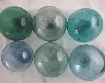 Collection of 9 Japanese Glass Fishing Floats, Shades of Green 