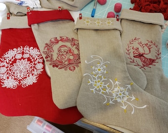 Handmade Linen Christmas Stockings – Machine Embroidery, Custom Christmas Decor, Timeless Holiday Charm