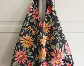 Floral Japanese Origami Bag, Everyday Hobo Bag for Women, Black Flower Azuma Purse, Beach Bag, Summer Handbag, Gift For Her