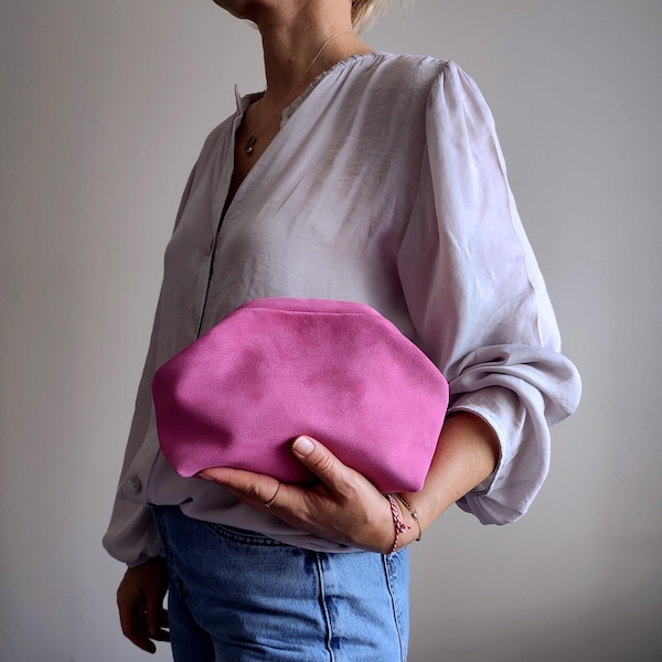 Minimal Pink Suede Frame Pouch, Handmade Slouchy Cloud Clutch Bag