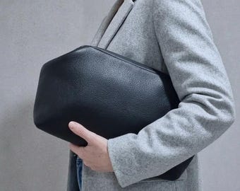 Oversized Leather Cloud Clutch, Minimalist Genuine Leather Pouch, XL Dumpling Evening Purse
