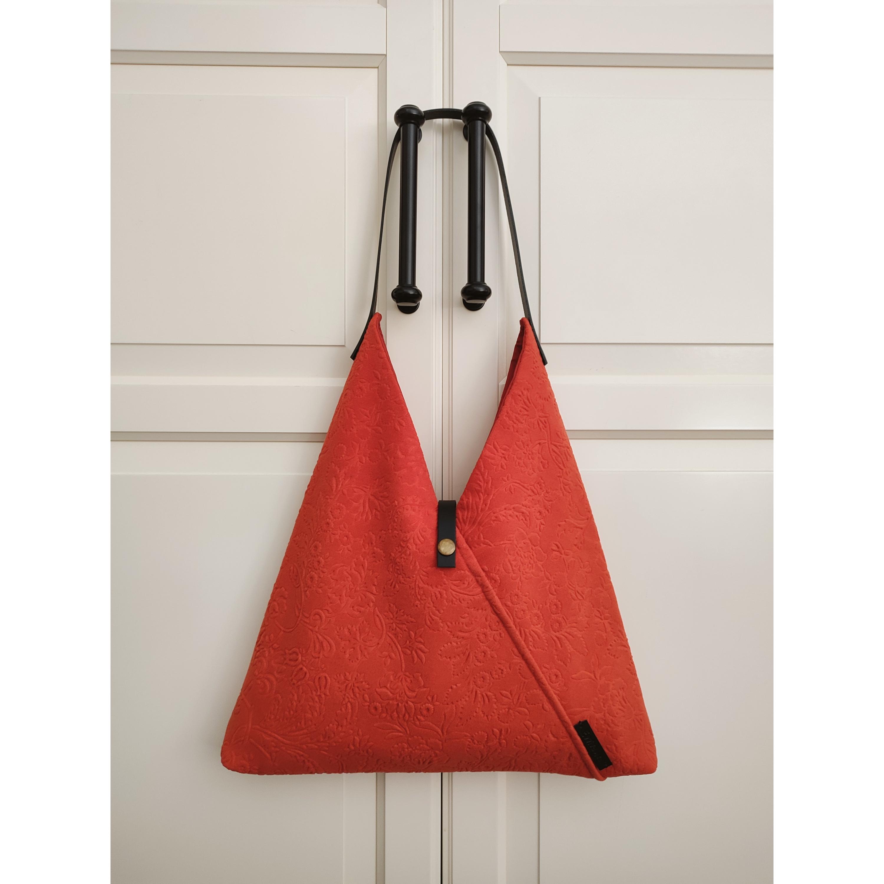 Orange Triangle Hobo Bag, Japanese Style Floral Fabric Purse, Women's Casual Handbag