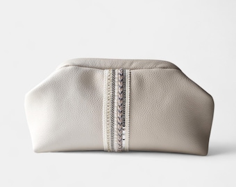 Handcrafted Genuine Leather Ivory White Clutch, Beaded and Sequin Embellished Design Bag for Weddings and Everyday Use, Gift For Her