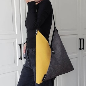 Mustard Hobo Bag with leather strap, Yellow Japanese Triangle Bag, Stylish Origami Tote Bag, One Handle Purse for Women, Azuma Bag